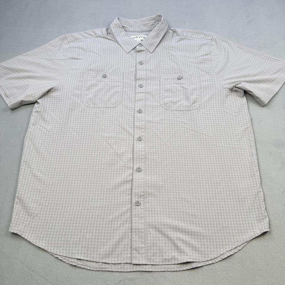 Orvis Shirt Mens XL Gray Check Short Sleeve Button Up Outdoor Casual Hiking
